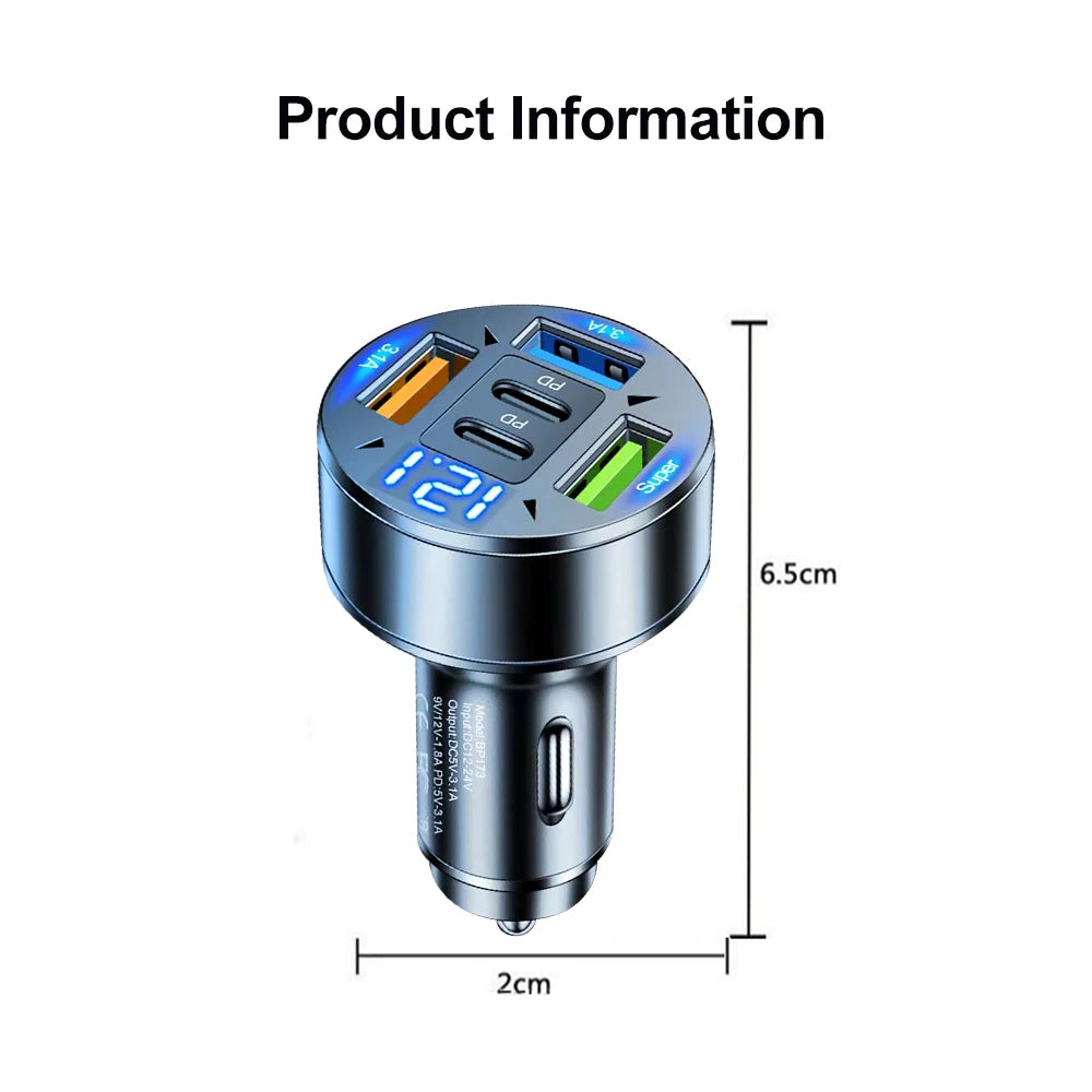 5-in-1 Fast Car Charger – USB-C PD & USB Ports