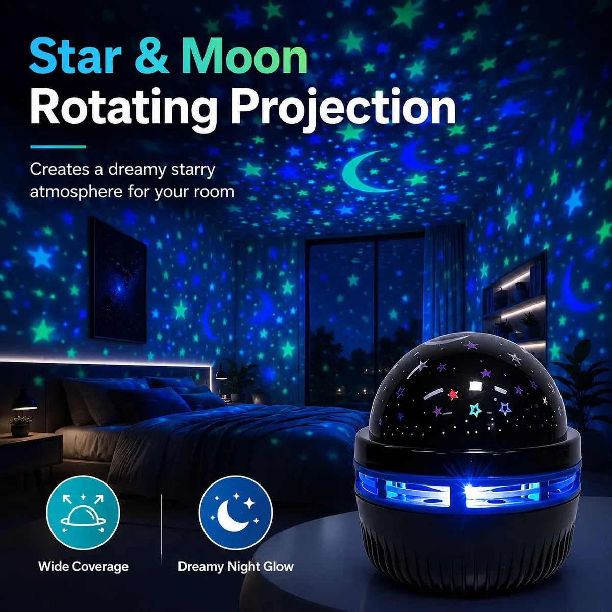 Galaxy Star Projector Night Light – Moon & Stars RGB