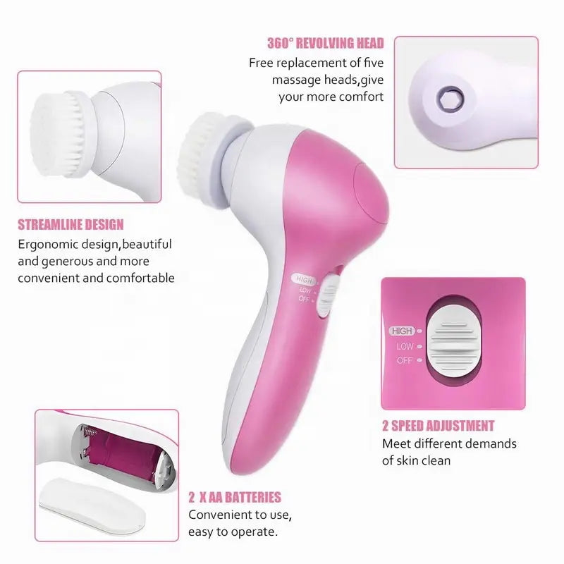 5-in-1 Electric Facial Cleansing Brush – Rechargeable Face Spa