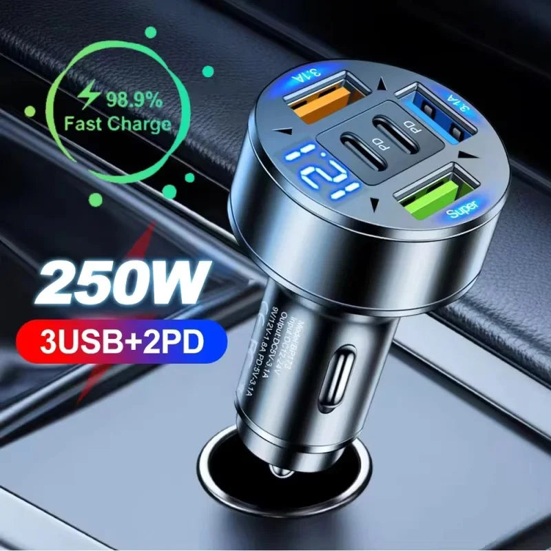 5-in-1 Fast Car Charger – USB-C PD & USB Ports