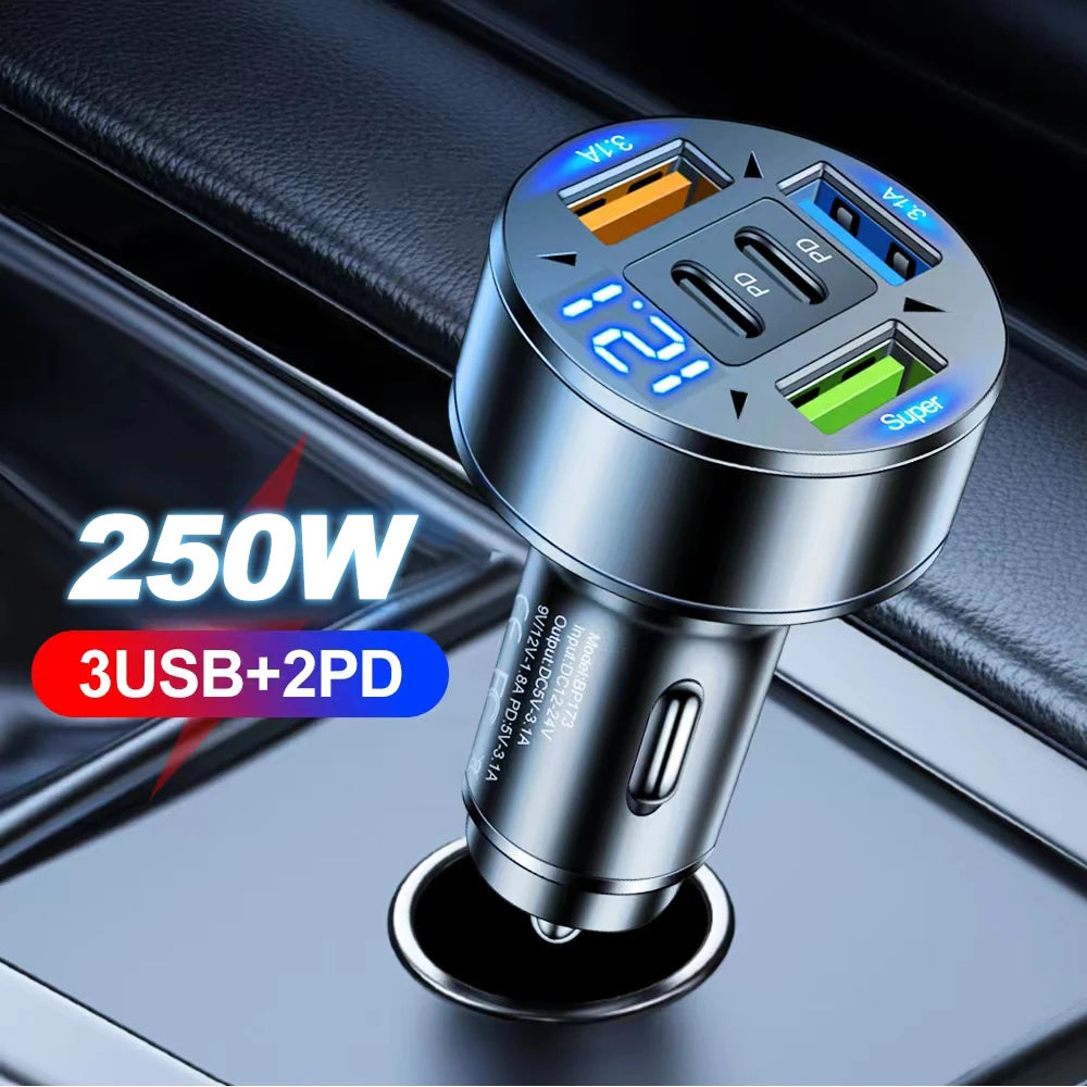 5-in-1 Fast Car Charger – USB-C PD & USB Ports