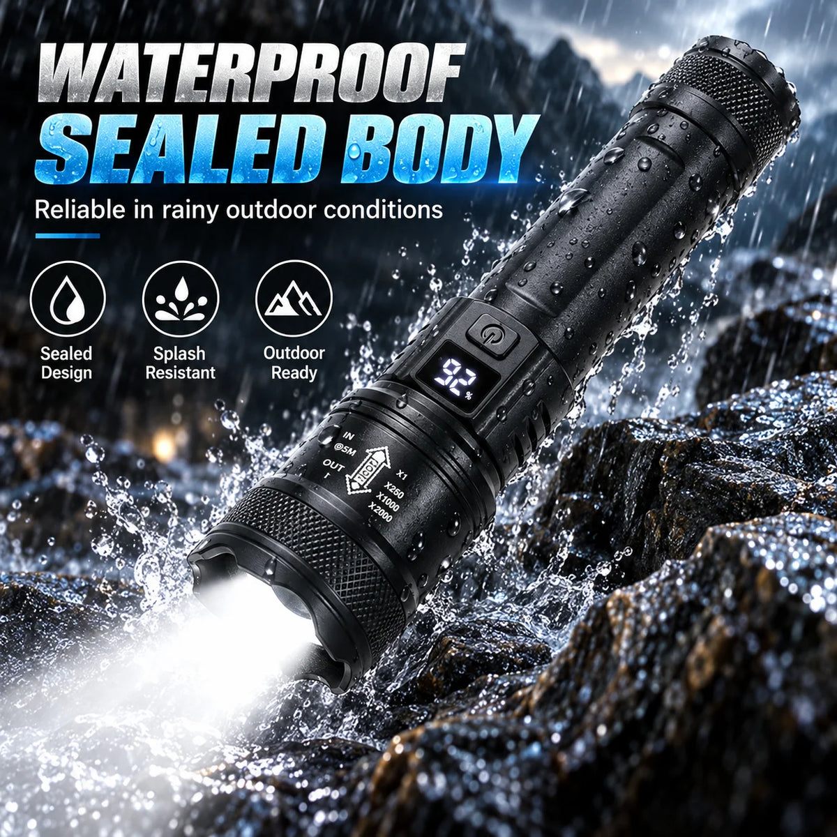 Rechargeable Tactical LED Flashlight – Zoom, Battery Display