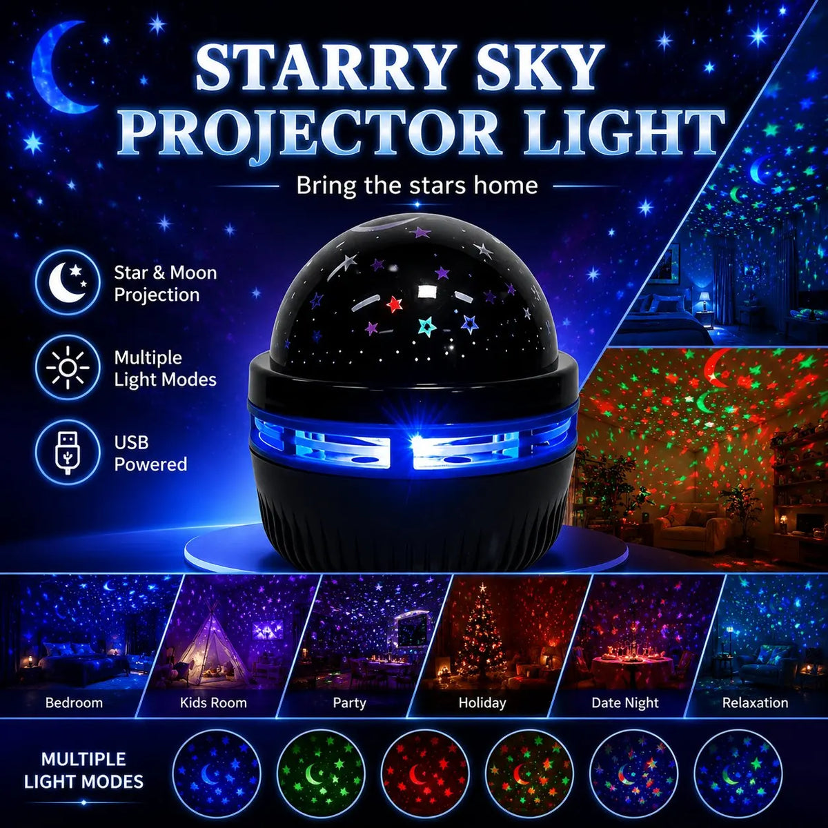 Galaxy Star Projector Night Light – Moon & Stars RGB