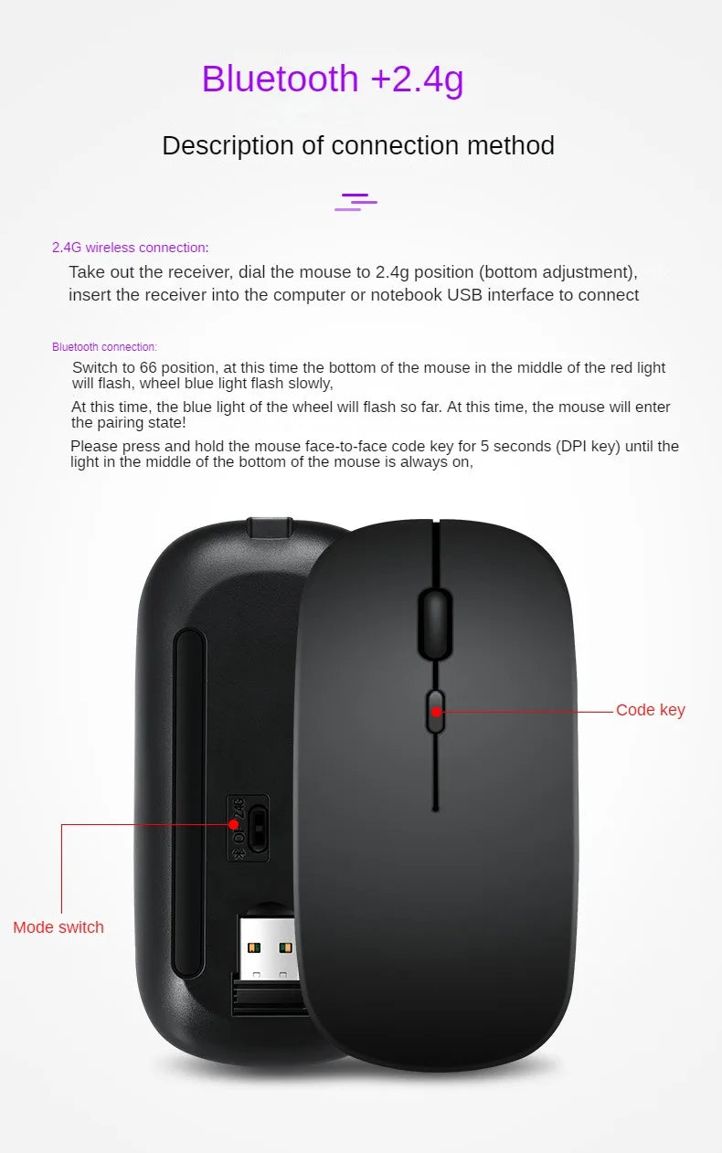 Rechargeable Silent Wireless Mouse – Bluetooth + USB