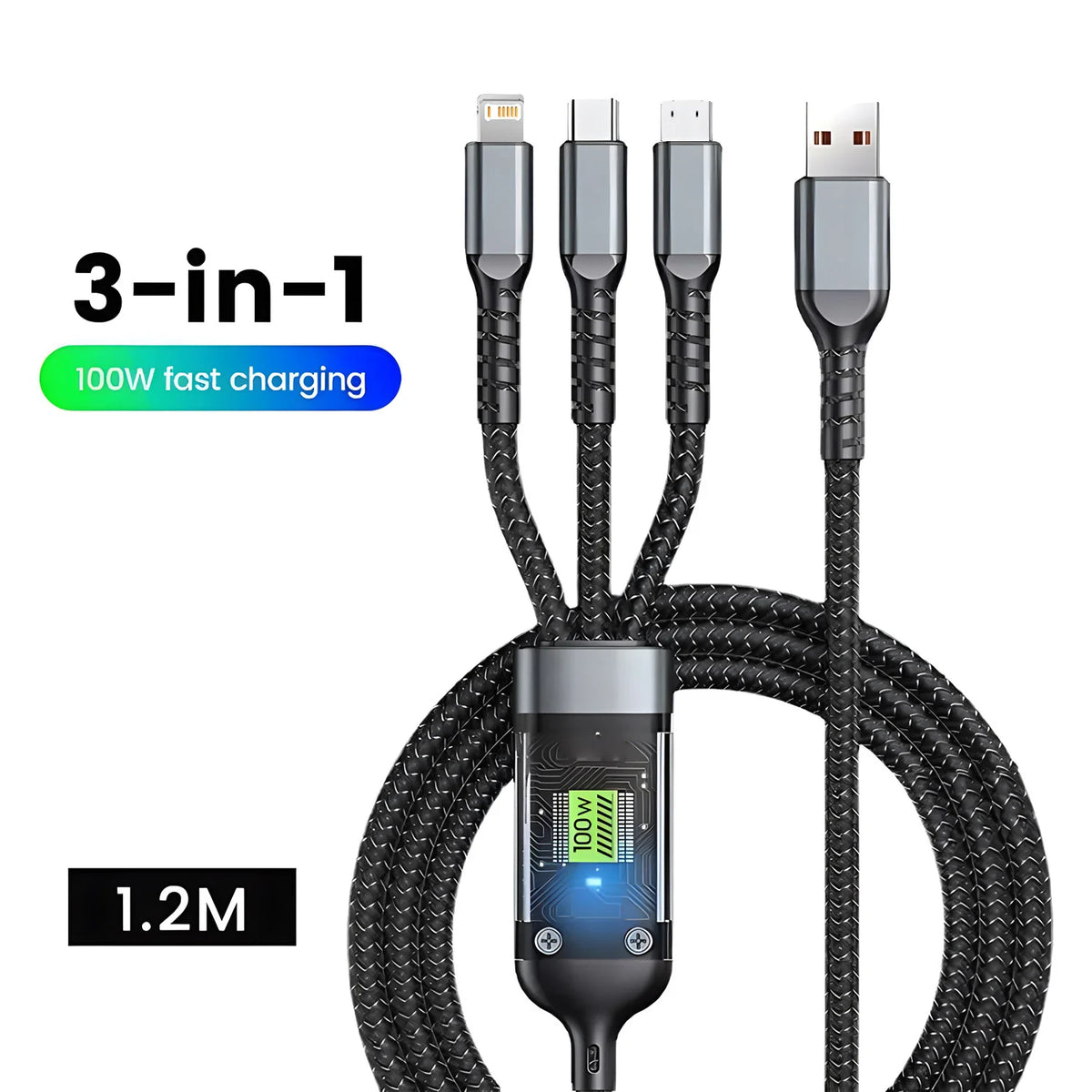 3-in-1 Fast Charging Cable – USB-C, Micro USB & iPhone Connector