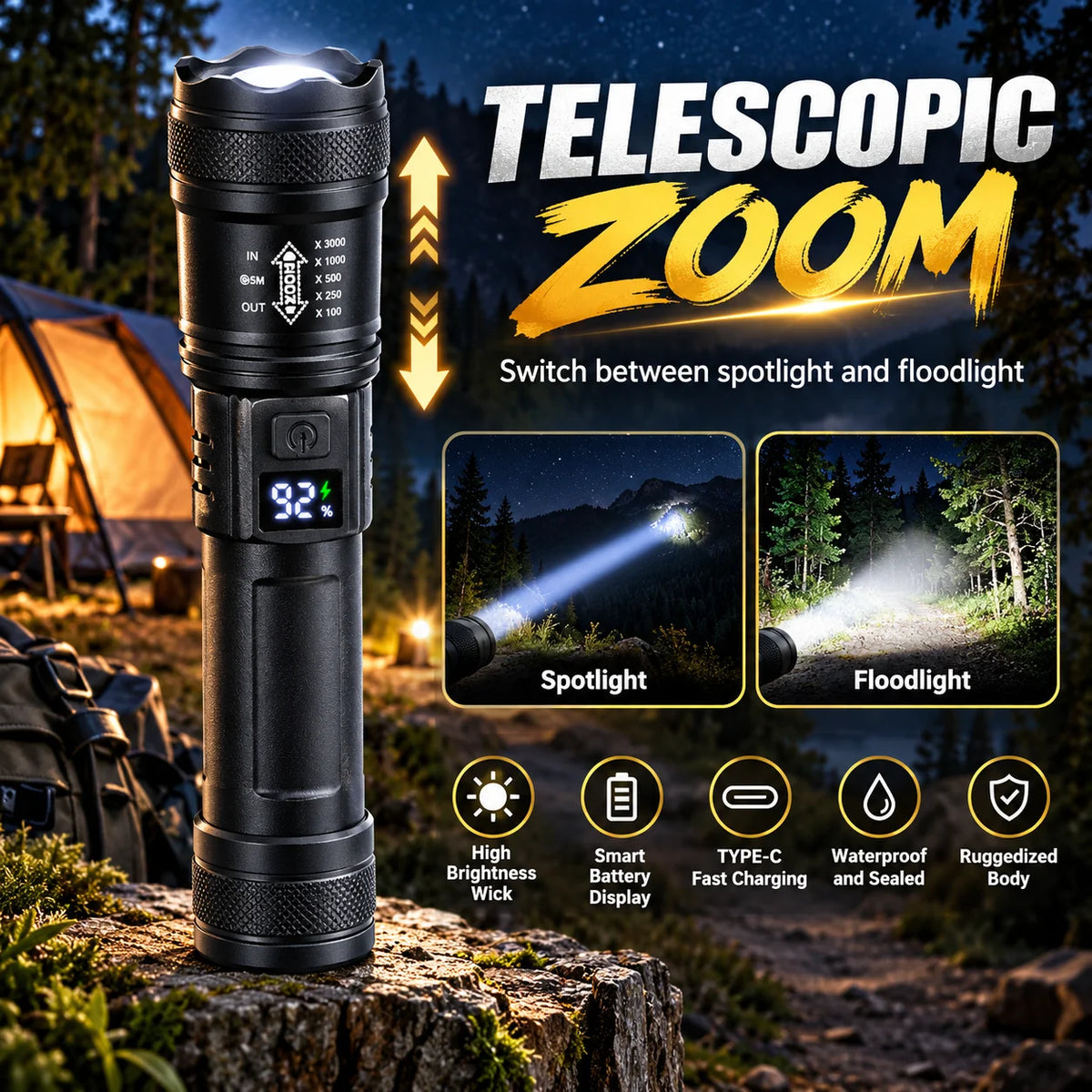 Rechargeable Tactical LED Flashlight – Zoom, Battery Display