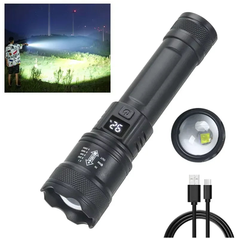 Rechargeable Tactical LED Flashlight – Zoom, Battery Display