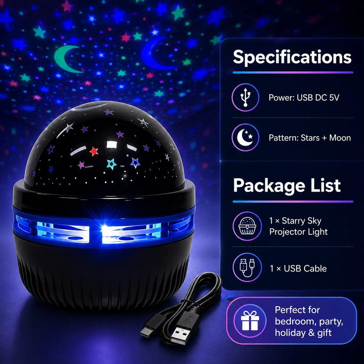 Galaxy Star Projector Night Light – Moon & Stars RGB