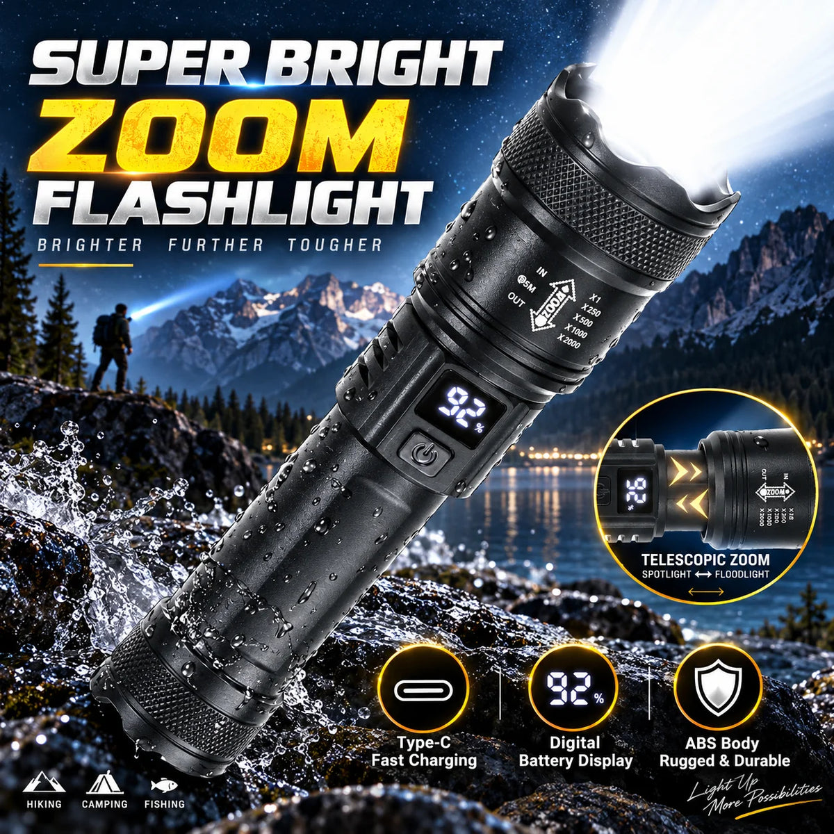 Rechargeable Tactical LED Flashlight – Zoom, Battery Display